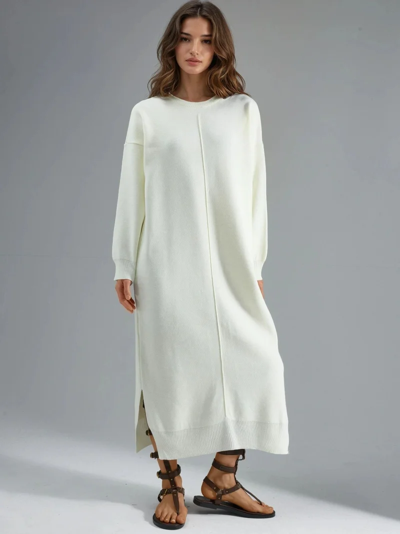MY FASHION Textured Ribbed Long Knit Dress with Slit Detail